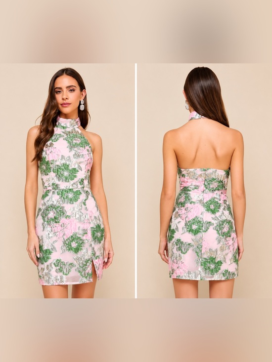 Lulus Dresses & Skirts - ✨ Lulus Extraordinary Impression Pink Floral Jacquard Halter Mini Dress Size S ✨